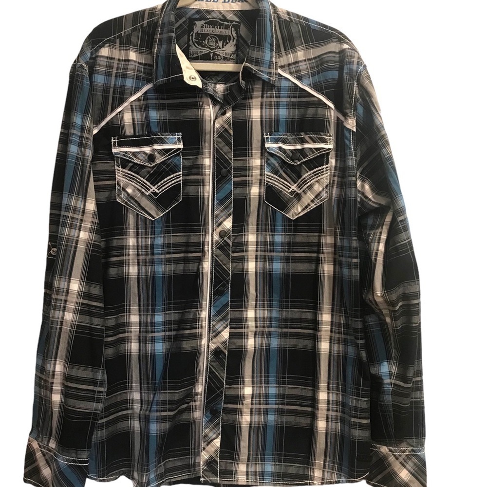 Buckle Black Mens Plaid Snap Button Western Style Shirt Long Tab Sleeves XL
